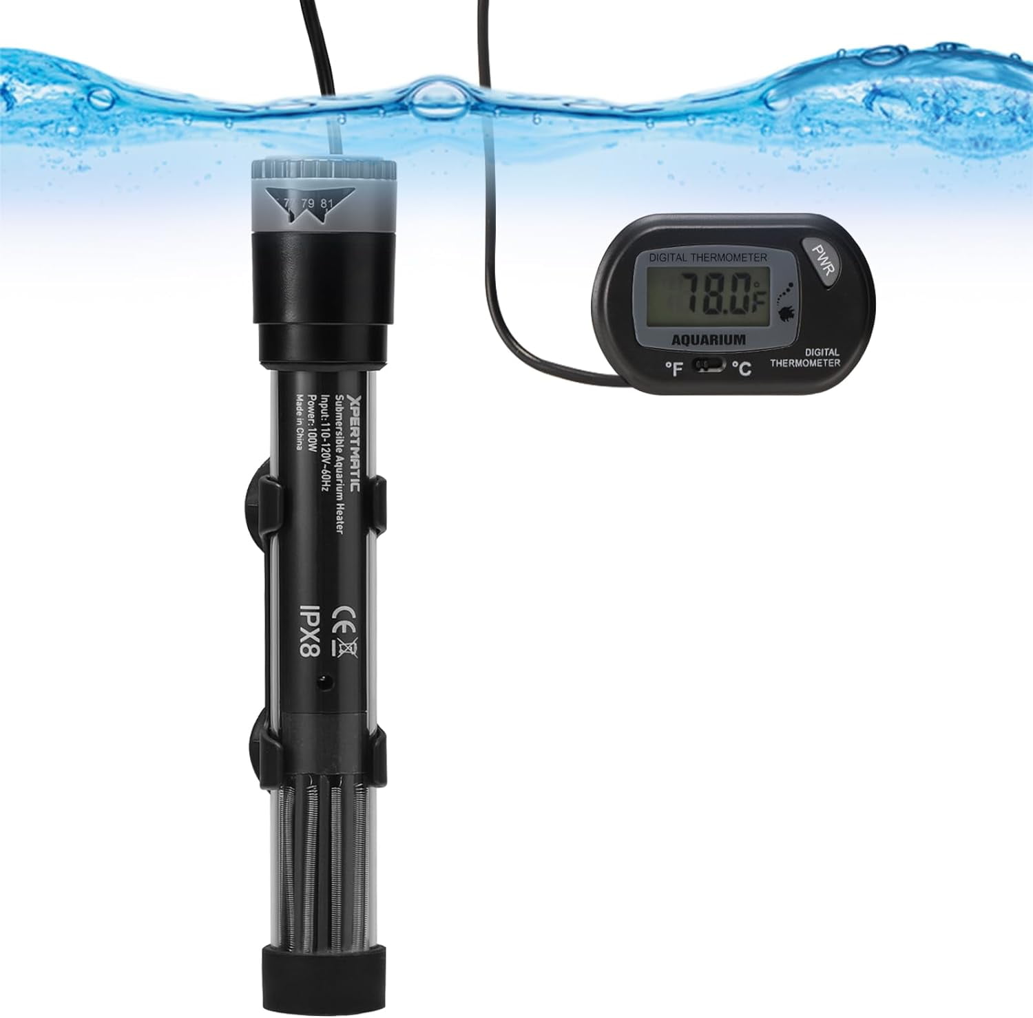 XpertMatic Submersible Aquarium Heater, 100W Adjustable Fish Tank Heater Thermostat with Suction Cup, for Marine Saltwater and Freshwater, Up to 20 Gallon Fish Tanks