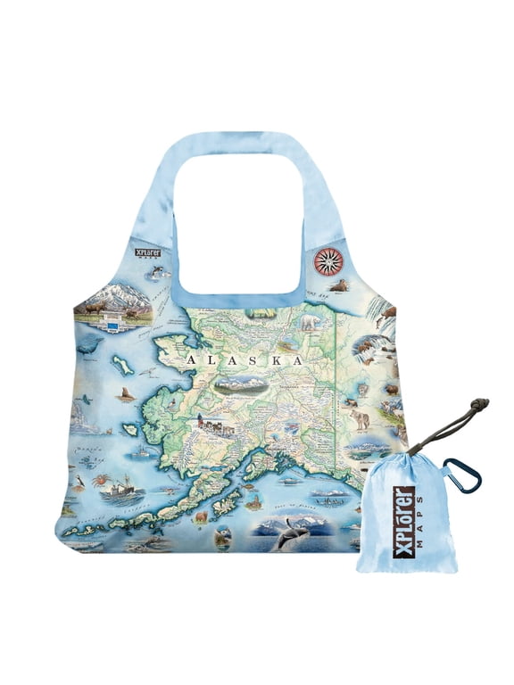 Alaska State Map Pouch Tote with Handles - Grocery Shopping Bag - Reusable & Eco-friendly - Foldable Nylon - Heavy Duty Fits in Pocket - 18x25