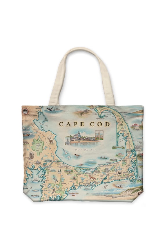 Cape Cod Map Canvas Tote Bag with Handles, Cloth Grocery Shopping Bag, Reusable & Eco-friendly Bag, 100% Cotton, Washable, 18 wide x 15 tall