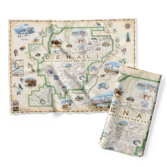 Xplorer Maps Denali National Park Map Decorative Flour Sack Kitchen Tea Towel - 100% Cotton - 18" x 24"