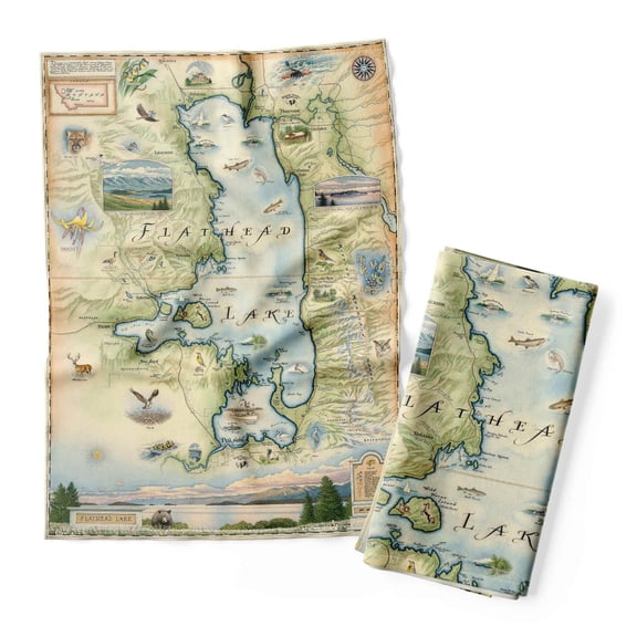 Xplorer Maps Flathead Lake Map Decorative Flour Sack Kitchen Tea Towel - 100% Cotton - 18" x 24"