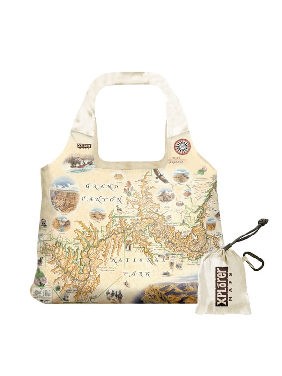Grand Canyon National Park Map Nylon Pouch Tote Bag with Handles - Reusable, Eco-friendly Shopping Bag, Washable, 18" wide by 25" tall