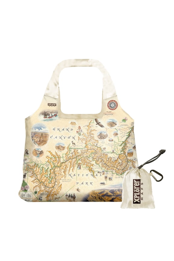 Grand Canyon National Park Map Nylon Pouch Tote Bag with Handles - Reusable, Eco-friendly Shopping Bag, Washable, 18" wide by 25" tall
