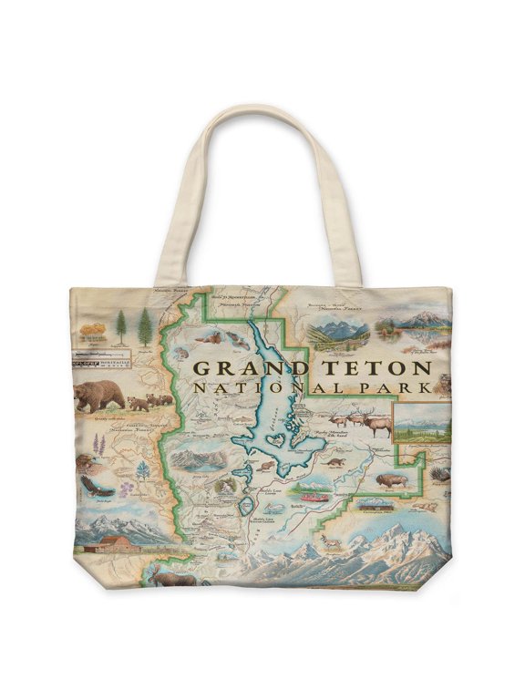 Grand Teton National Park Map Canvas Tote Bag with Handles, Cloth Grocery Shopping Bag, Reusable & Eco-friendly Bag, 100% Cotton, Washable, 18 wide x 15 tall