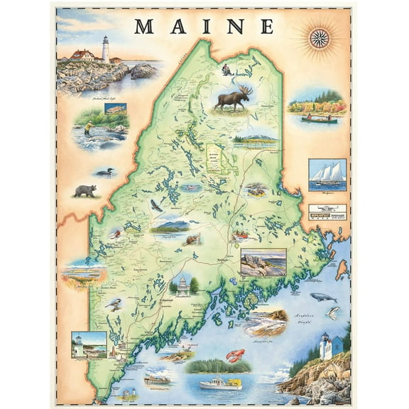 Xplorer Maps Maine State Hand-Drawn Map Poster - Authentic 18x24 Inch Vintage-Style Wall Art - Lithographic Print with Soy-Based Inks - Made In USA - Earth Tones