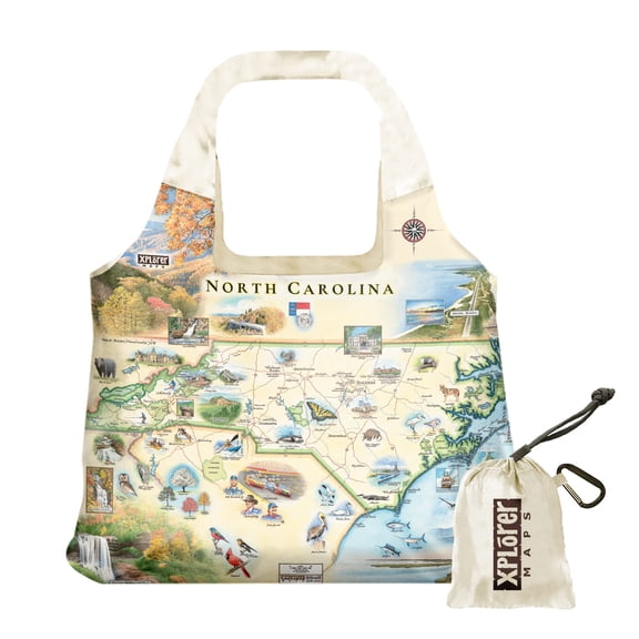 Xplorer Maps North Carolina State Map Pouch Tote with Handles - Grocery Shopping Bag - Reusable & Eco-friendly - Foldable Nylon - Heavy Duty Fits in Pocket - 18x25
