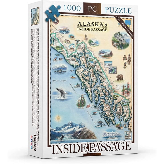 Alaska Inside Passage Map Cardboard Jigsaw Puzzle - 1000 Pieces, Hand-Illustrated - Educational, Family Activity, Ages 7+, Includes Poster - 25.4 x 19.8