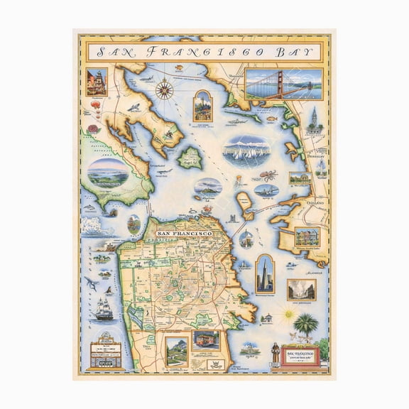 Xplorer Maps San Francisco Bay Hand-Drawn Map - Authentic 18x24 Vintage-Style Wall Art - Lithographic Print with Soy-Based Inks - Made in USA