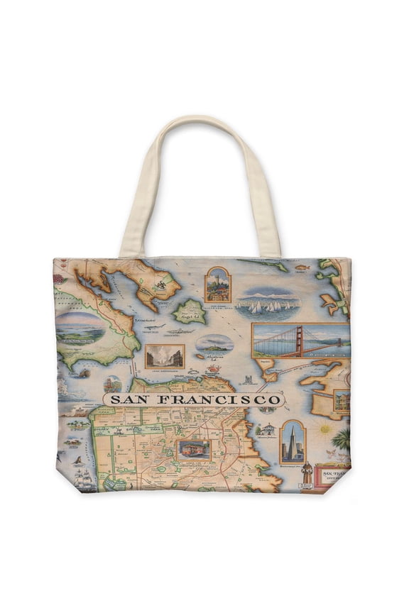 San Francisco Map Canvas Tote Bag with Handles, Cloth Grocery Shopping Bag, Reusable & Eco-friendly Bag, 100% Cotton, Washable, 18 wide x 15 tall