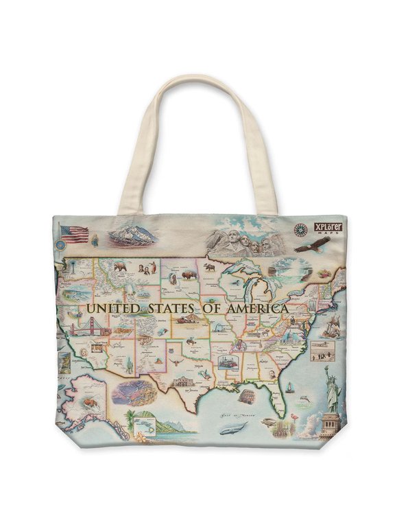 United States of America (USA) Map Canvas Tote Bag with Handles, Cloth Grocery Shopping Bag, Reusable & Eco-friendly Bag, 100% Cotton, Washable, 18 wide x 15 tall