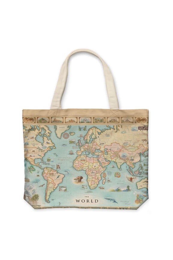 World Map Canvas Tote Bag with Handles, Cloth Grocery Shopping Bag, Reusable & Eco-friendly Bag, 100% Cotton, Washable, 18 wide x 15 tall