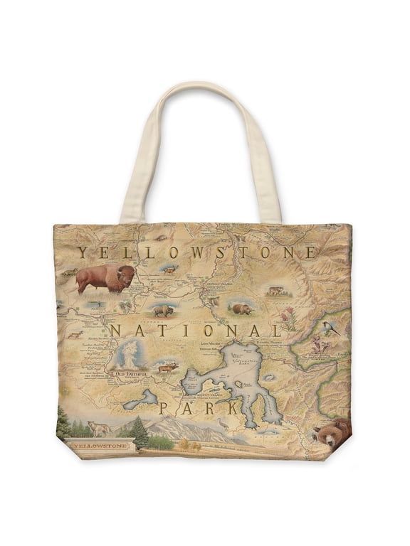 Yellowstone National Park Map Canvas Tote Bag with Handles, Cloth Grocery Shopping Bag, Reusable & Eco-friendly Bag