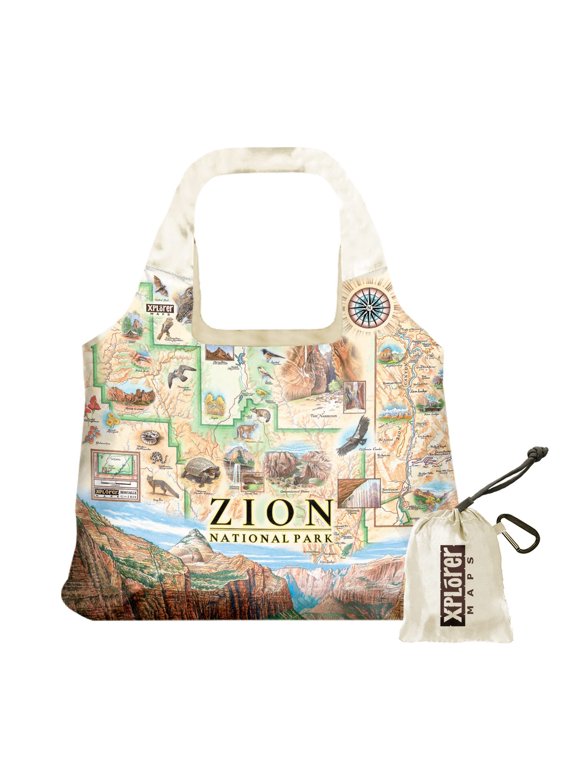 Zion National Park Map Pouch Tote with Handles - Grocery Shopping Bag - Reusable & Eco-friendly - Foldable Nylon - Heavy Duty Fits in Pocket - 18x25