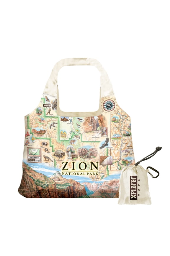 Zion National Park Map Pouch Tote with Handles - Grocery Shopping Bag - Reusable & Eco-friendly - Foldable Nylon - Heavy Duty Fits in Pocket - 18x25