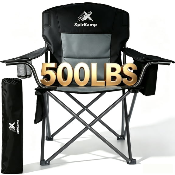 XplrKamp Oversized Camping Chairs for Adults up to 500LBS, Heavy Duty Folding Portable Lawn Chair for Outdoor Travel Fishing Beach Picnic,Grey