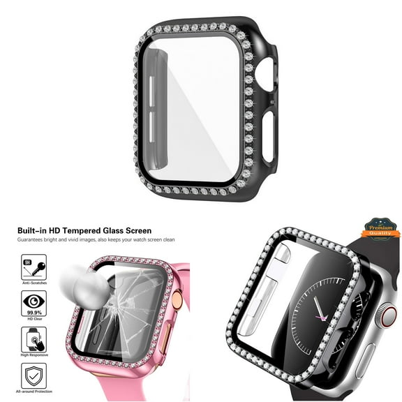 Xpm Compatible with Apple Watch 40mm iWatch Series SE 6 5 4 Bling Diamond Rhinestone Face Coverage with Tempered Glass Screen Protector [ Black ]