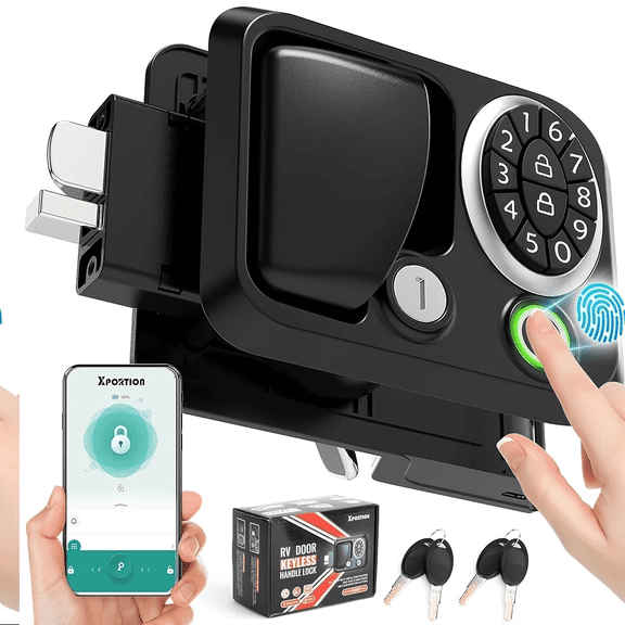 Xportion RV Door Lock Keyless Entry 4-in-1 Camper Lock with Fingerprint, Keypad, App Remote, and Key Zinc Alloy Replacement for Travel Trailer, 5th Wheel, Cargo Hauler