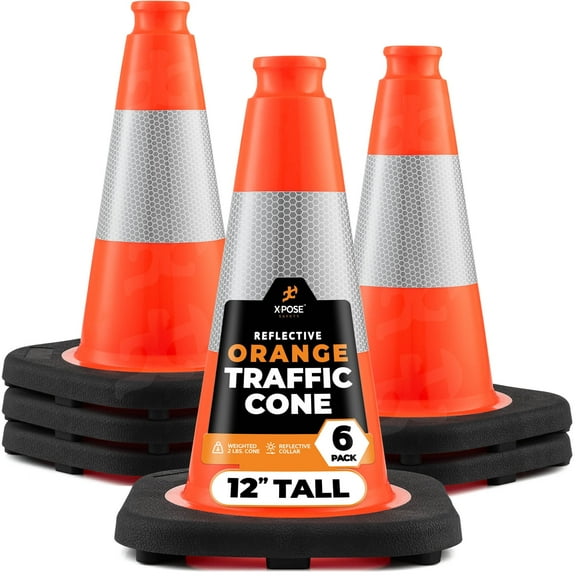Xpose Safety 12 Inch Orange Traffic Cones with 4" Collar - Multipurpose PVC Plastic Safety Cone for Parking, Soccer, Caution, Kids and Construction 6 Pack