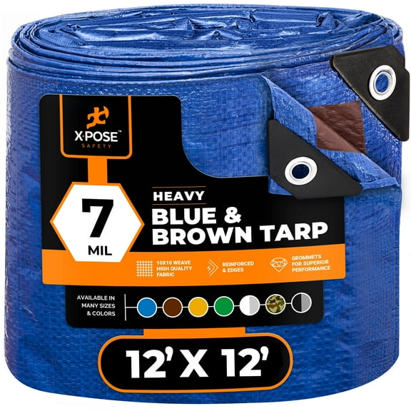 Xpose Safety 12’ x 12’ Heavy Blue/Brown Tarp - Waterproof Tarp - 7 Mil Weatherproof Camping Tarp for Tent, Rain, Wind & Sun - Plastic Tarpaulin Cover Outdoor Tarp for Roof, Trailer, RV, Car, Boat