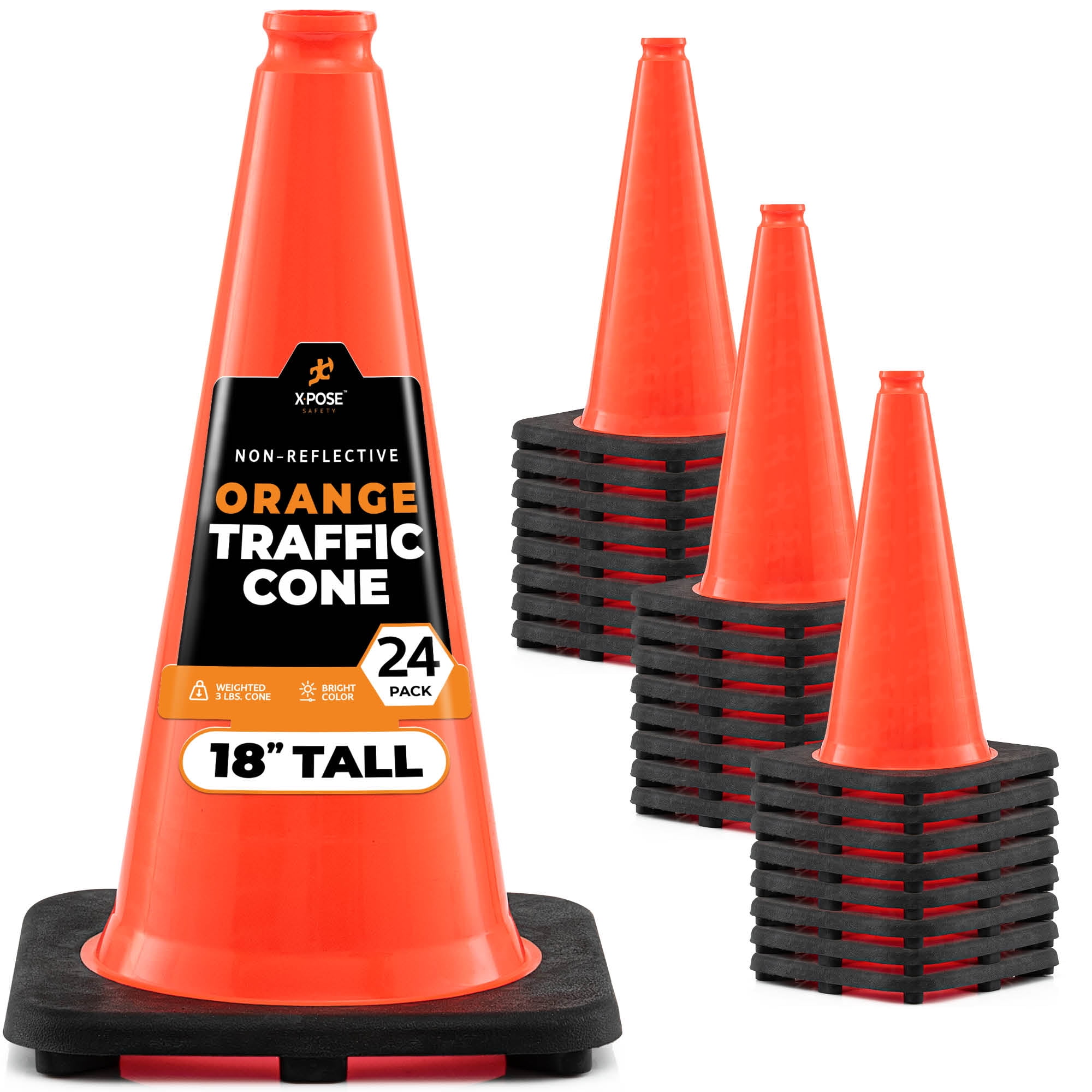 Xpose Safety 18 Inch Orange Traffic Cones, Multipurpose PVC Plastic Safety  Cone for Parking, Soccer, Caution, Kids and Construction (24 pack)
