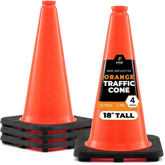 Xpose Safety 18 Inch Orange Traffic Cones Multipurpose PVC Plastic Safety Cone for Parking, Soccer, Caution, Kids and Construction (4 pack)