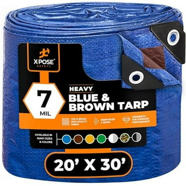 Xpose Safety 20’ x 30’ Heavy Blue/Brown Tarp - Waterproof Tarp - 7 Mil Weatherproof Camping Tarp for Tent, Rain, Wind & Sun - Plastic Tarpaulin Cover Outdoor Tarp for Roof, Trailer, RV, Car, Boat
