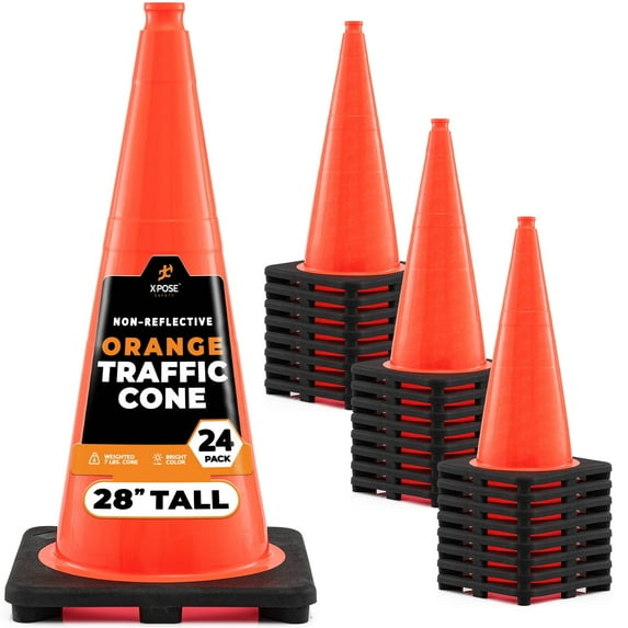 Xpose Safety 28 Inch Orange Traffic Cones, 24 PACK - Multipurpose PVC Plastic Safety Cone for Parking, Soccer, Caution, Kids and Construction