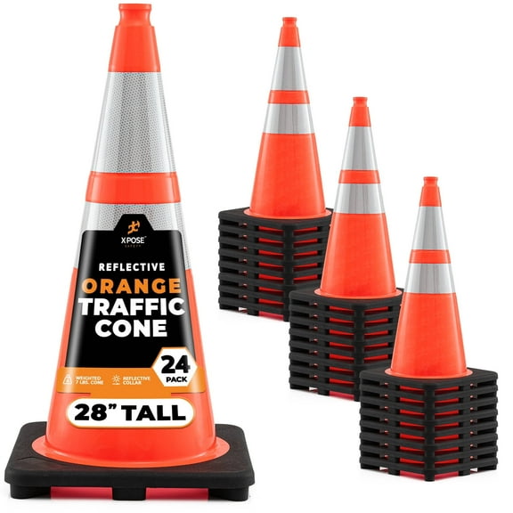 Xpose Safety 28 Inch Orange Traffic Cones with 6" & 4" Collar, Multipurpose PVC Plastic Safety Cone for Parking, Soccer, Caution, Kids and Construction (24 pack)