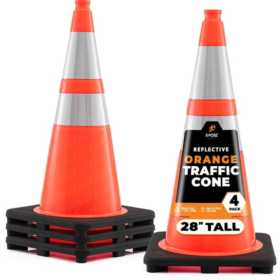 Xpose Safety 28 Inch Orange Traffic Cones with 6" & 4" Collar, Multipurpose PVC Plastic Safety Cone for Parking, Soccer, Caution, Kids and Construction (pack of 4)