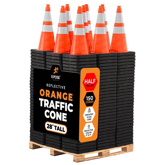Xpose Safety 28 Inch Orange Traffic Cones with 6" & 4" Collars, 10 lb. Half Pallet 150 Cones - Multipurpose PVC Plastic Safety Cone for Parking, Soccer, Caution, Kids and Construction