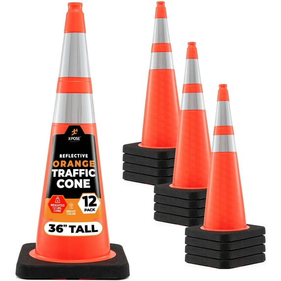 Xpose Safety 36 Inch Orange Traffic Cones with 6" & 4" Collars, 12-Pack - Multipurpose PVC Plastic Safety Cone for Parking, Soccer, Caution, Kids and Construction
