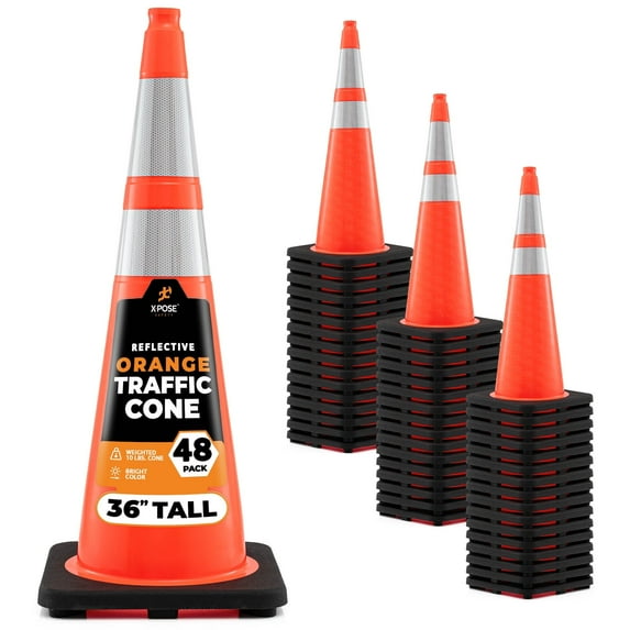 Xpose Safety 36 Inch Orange Traffic Cones with 6" & 4" Collars, 48-Pack - Multipurpose PVC Plastic Safety Cone for Parking, Soccer, Caution, Kids and Construction