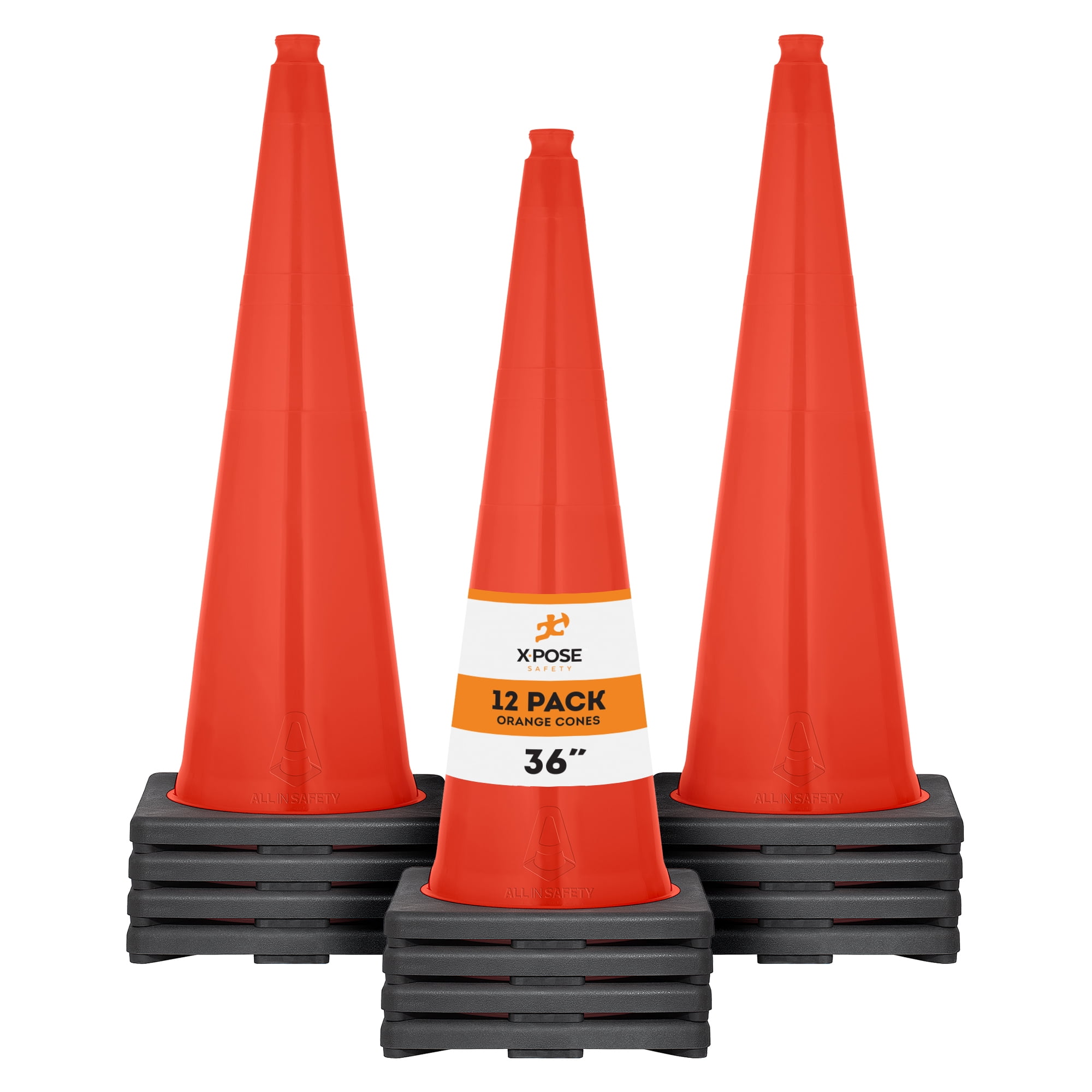 Xpose Safety 36 Inch Orange Traffic Cones - Multipurpose PVC Plastic Safety  Cone for Parking, Soccer, Caution, Kids and Construction (12 pack)