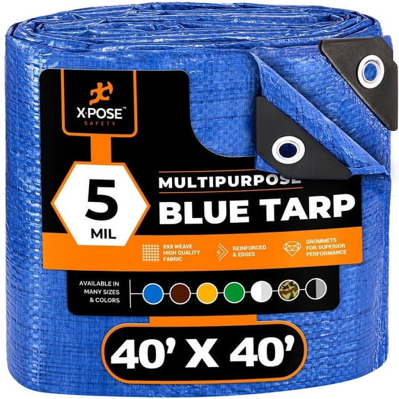 Xpose Safety Better Blue Poly Tarp 40' x 40' - Multipurpose Protective Cover - Lightweight, Durable, Waterproof, Weather Proof - 5 Mil Thick Polyethylene