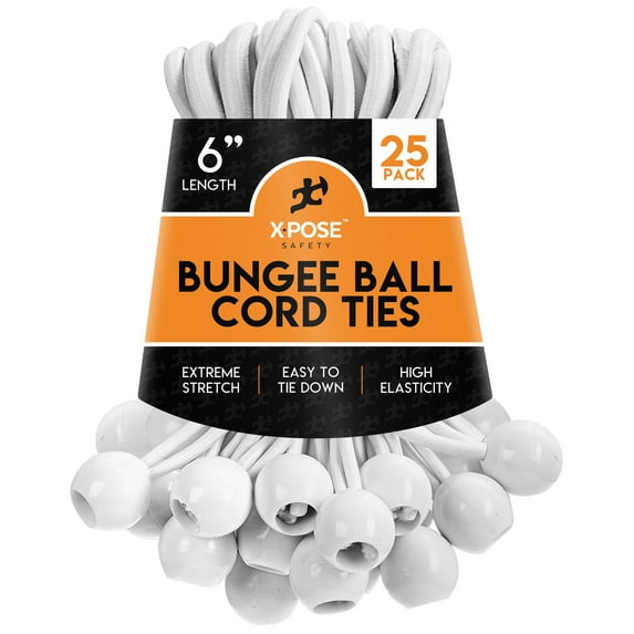 Xpose Safety Bungee Cords, 6 inch White Heavy Duty Stretch Rope with Ball Ties 25 Piece