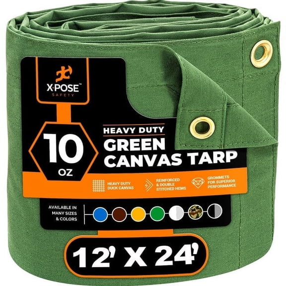 Xpose Safety Canvas Tarp - 10oz Green Poly Canvas Tarps Heavy Duty Water Resistant with Brass Grommets- Multipurpose Outdoor Tarpaulin for Camping, Canopy, Trailer, Equipment Cover 12' x 24'