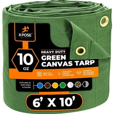 Xpose Safety Canvas Tarp - 10oz Green Poly Canvas Tarps Heavy Duty Water Resistant with Brass Grommets- Multipurpose Outdoor Tarpaulin for Camping, Canopy, Trailer, Equipment Cover 6' x 10'