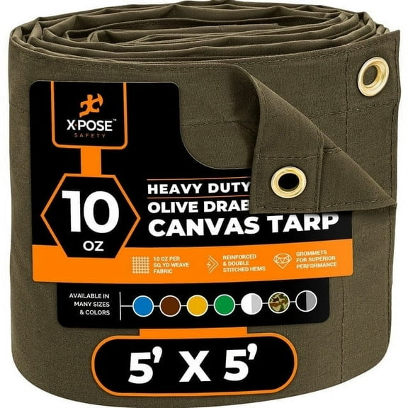 Xpose Safety Canvas Tarp - 10oz Olive Drab Poly Canvas Tarps Heavy Duty Water Resistant with Brass Grommets- Multipurpose Outdoor Tarpaulin for Camping, Canopy, Trailer, Equipment Cover 5' x 5'