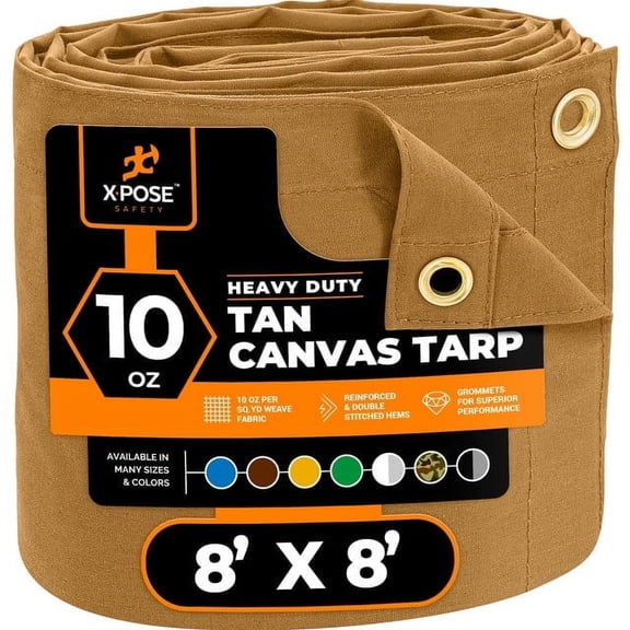 Xpose Safety Canvas Tarp - 10oz Tan Poly Canvas Tarps Heavy Duty Water Resistant with Brass Grommets- Multipurpose Outdoor Tarpaulin for Camping, Canopy, Trailer, Equipment Cover 8' x 8'