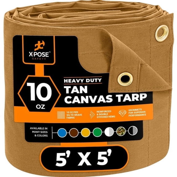 Xpose Safety Canvas Tarp - 10oz Tan Poly Canvas Tarps Heavy Duty Water Resistant with Brass Grommets- Multipurpose Outdoor Tarpaulin for Camping, Canopy, Trailer, Equipment Cover 5' x 5'