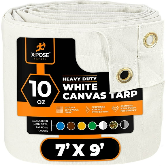 Xpose Safety Canvas Tarp - 10oz White Poly Canvas Tarps Heavy Duty Water Resistant with Brass Grommets- Multipurpose Outdoor Tarpaulin for Camping, Canopy, Trailer, Equipment Cover 7' x 9'