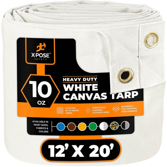 Xpose Safety Canvas Tarp - 10oz White Poly Canvas Tarps Heavy Duty Water Resistant with Brass Grommets- Multipurpose Outdoor Tarpaulin for Camping, Canopy, Trailer, Equipment Cover 12' x 20'