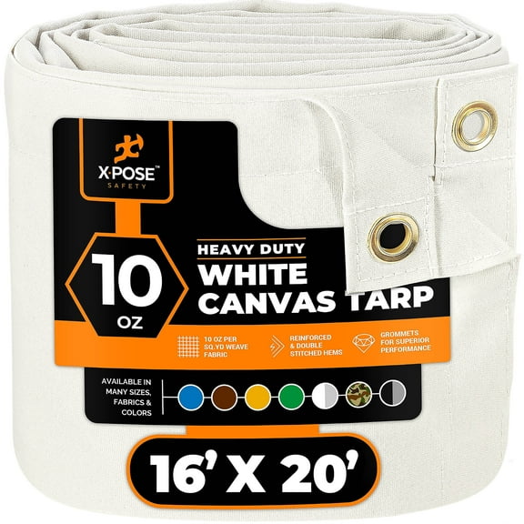 Xpose Safety Canvas Tarp - 10oz White Poly Canvas Tarps Heavy Duty Water Resistant with Brass Grommets- Multipurpose Outdoor Tarpaulin for Camping, Canopy, Trailer, Equipment Cover 16' x 20'