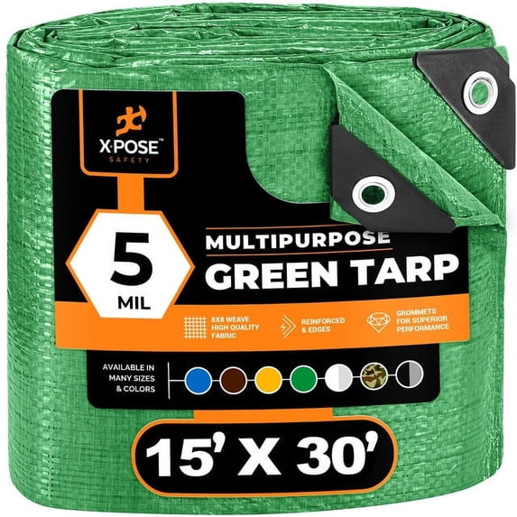 Xpose Safety Green Poly Tarp 15' x 30' - Multipurpose Protective Cover - Lightweight, Durable, Waterproof, Weather Proof - 5 Mil Thick Polyethylene