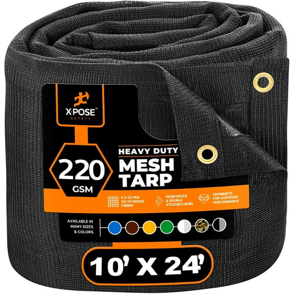 Xpose Safety Heavy Duty Mesh Tarp - 10' x 24' Multipurpose Black Protective Cover with Air Flow - Use for Tie Downs, Shade, Fences, Canopies, Dump Trucks – Weather and Tear Resistant