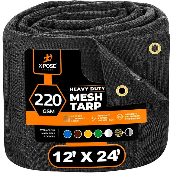Xpose Safety Heavy Duty Mesh Tarp – 12’ x 24’ Multipurpose Black Protective Cover with Air Flow - Use for Tie Downs, Shade, Fences, Canopies, Dump Trucks – Tear Resistant