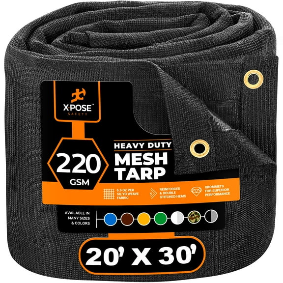 Xpose Safety Heavy Duty Mesh Tarp – 20' x 30' Multipurpose Black Protective Cover with Air Flow - Use for Tie Downs, Shade, Fences, Canopies, Dump Trucks – Weather and Tear Resistant