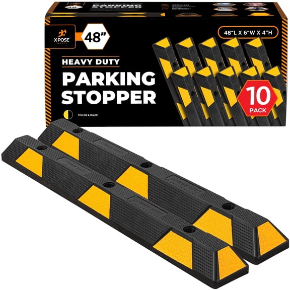 Xpose Safety Parking Block Curb Stop, 48" Heavy Duty Parking Stop Protect Vehicles Walls Yellow Reflective Strip, Car Tire Stopper, Wheel Stop Bumper, Parking Stopper for Garage, Driveway 10 Pack