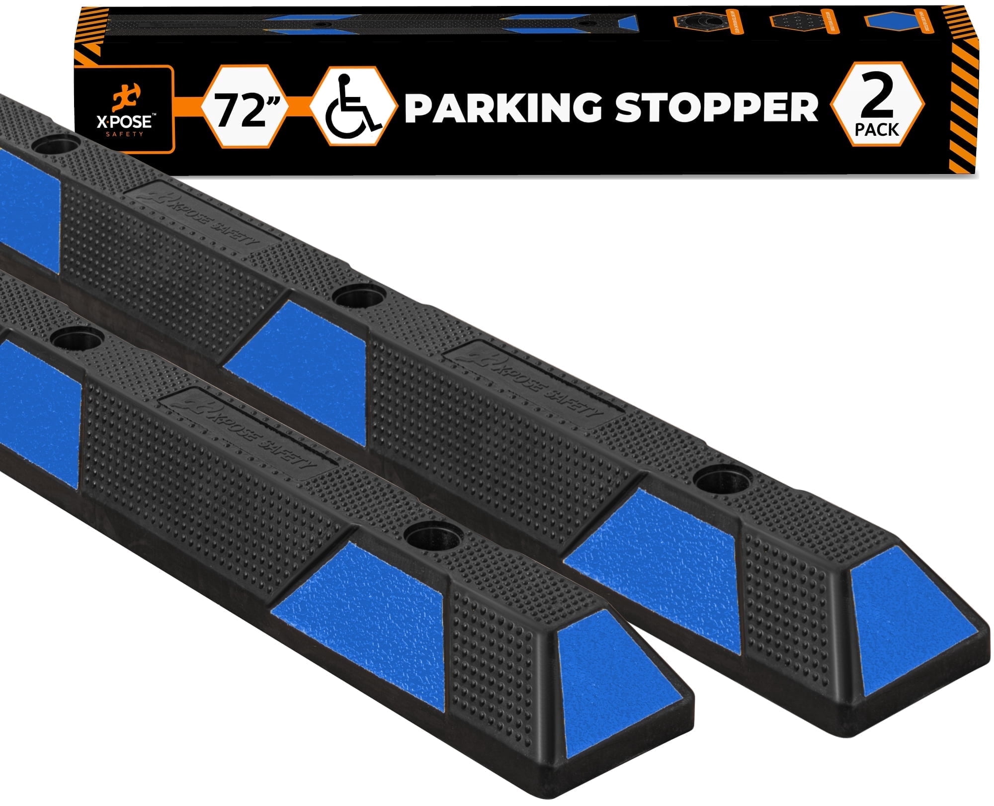 Xpose Safety Parking Block Curb Stop, 72" Heavy Duty Parking Stop Protect Vehicles Walls Blue Reflective Strip, Car Tire Stopper, Wheel Stop Bumper, Parking Stopper for Handicap, Driveway 2 Pack