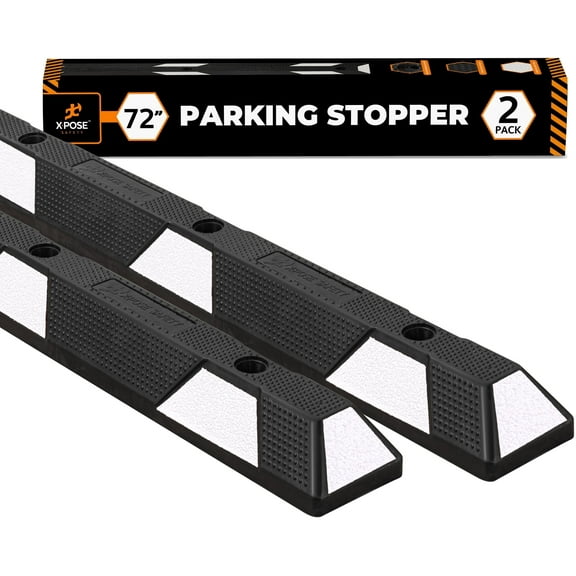 Xpose Safety Parking Block Curb Stop, 72" Heavy Duty Parking Stop Protect Vehicles Walls White Reflective Strip, Car Tire Stopper, Wheel Stop Bumper, Parking Stopper for Garage, Driveway 2 Pack